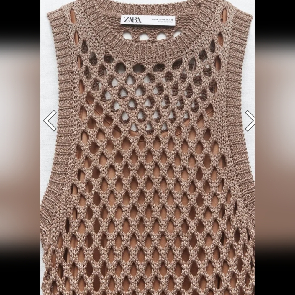 Zara Metallic Crochet Fishnet Midi Dress Gold Open Knit Cover Up Size Small - Picture 16 of 16